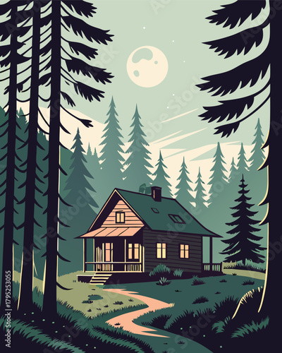 Cabin in forest under moonlight with tall trees