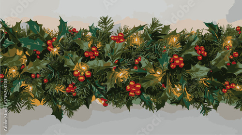 Seamless holiday decorations. Christmas tree centerpiece with holly berries. Festive frame isolated on white. Celebration vector background.