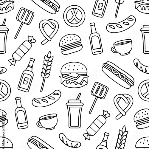Seamless pattern with outline style food and drink items including burgers pretzels and hotdogs design art