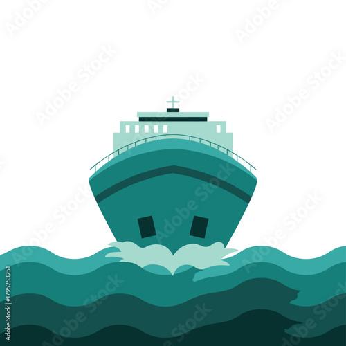Large teal cruise ship sailing through blue ocean waves