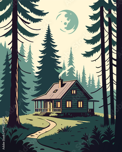 Cabin in forest under moonlit sky
