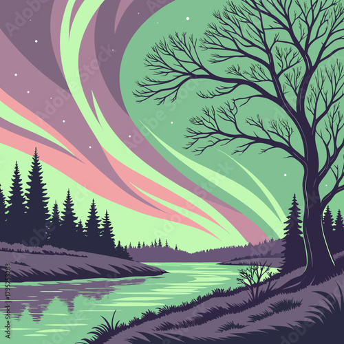 Stylized aurora borealis over a serene river landscape
