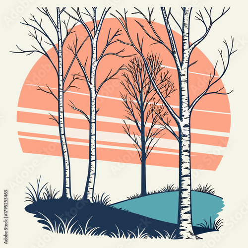 Stylized birch trees against a sunset sky