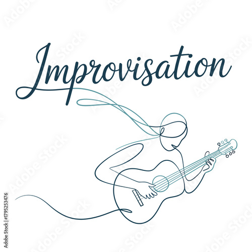 Artistic single line drawing of a person playing guitar with the word improvisation