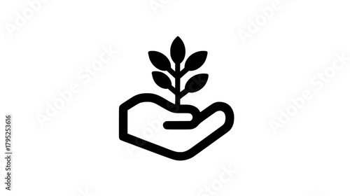  vecter illustration of a simple black and white illustration of a hand holding a plant with leaves on a white background silhouette