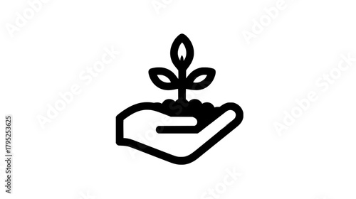  vecter illustration of a simple black and white graphic of a hand holding a small plant growing from the soil in the palm silhouette