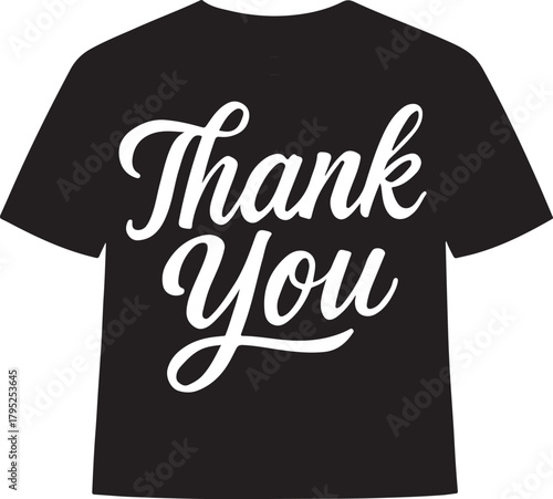 "Thank You" calligraphy text vector on a black t-shirt mockup, symbolizing gratitude, appreciation, and service.