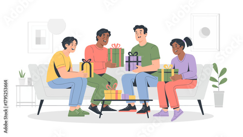 Tablou pe pânză Gift Exchange Gathering: Friends exchange colorful presents while gathering together on a comfortable sofa, the essence of togetherness, celebration and joyful moments