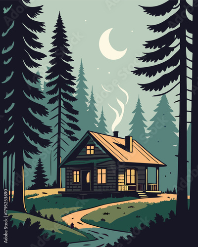 Cozy cabin in forest under moonlit sky