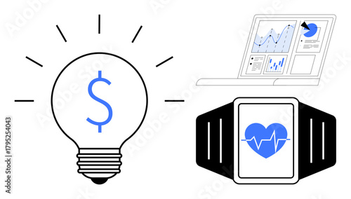 Light bulb with dollar sign, laptop with data analytics, smartwatch with heart monitor. Ideal for technology, innovation, finance, health, analytics modern tools problem-solving. Simple flat