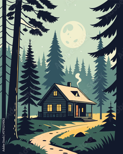 Cozy cabin in forest under moonlight