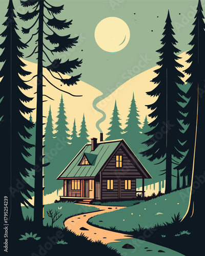 Cozy cabin in forest with moonlit sky