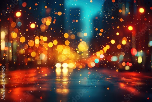 Magical rainy night city street with glowing bokeh lights and reflections on wet asphalt Generative AI