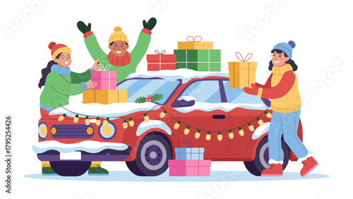 Christmas Gift Haul: A cheerful trio loads vibrant gifts onto a festively decorated car, embracing the spirit of the season. The scene radiates joy and anticipation.