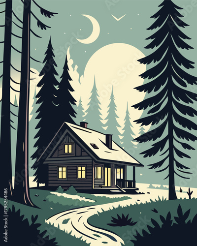 Cabin in forest under moonlit sky