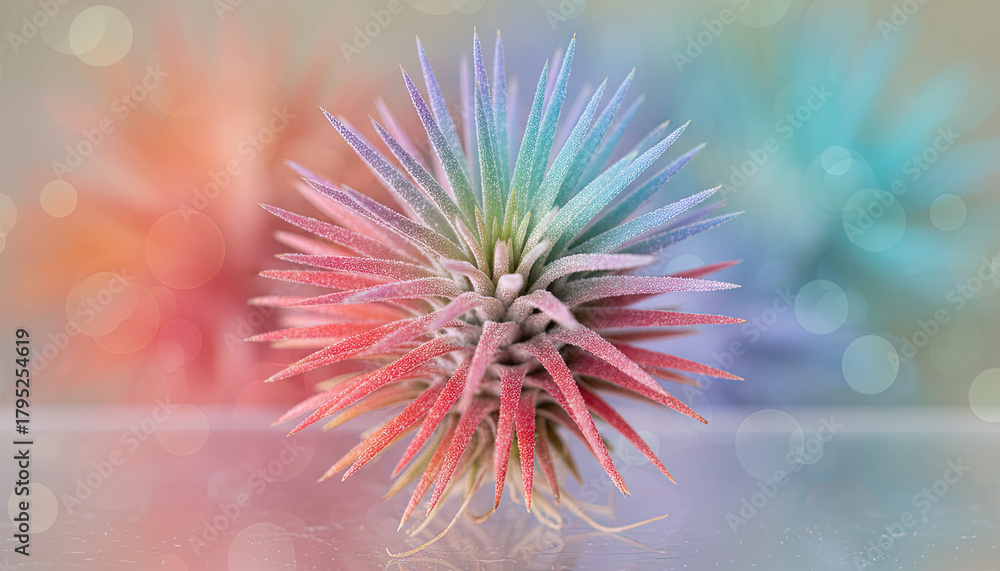 Obraz premium A Vibrant Succulent Plant with Rainbow Hues and Glitter Accents Sits Center Frame Against a Soft Bokeh Background of Orange Blue and Pink Hues