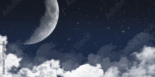 Night sky. Clouds with snowflakes and stars. Christmas star. Moon at night