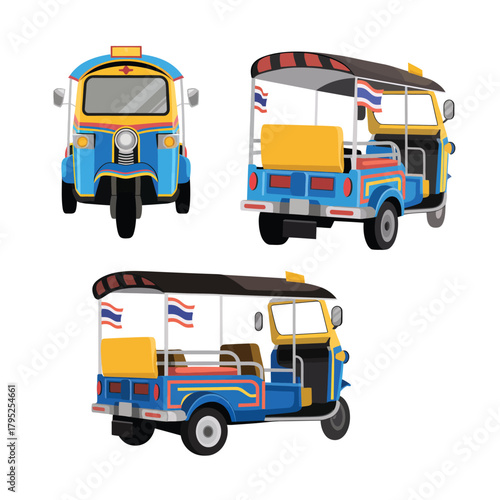 Three colorful tuk tuk vehicles from different angles on white background