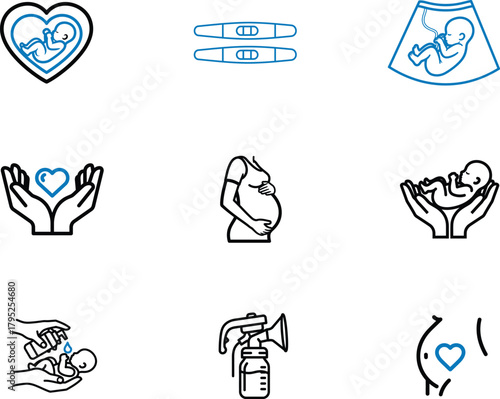 Icons representing pregnancy fertility and new life depicting various stages from conception to newborn care and breastfeeding support in modern outline style
