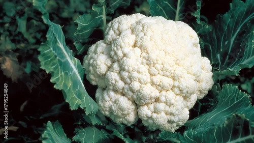 Fresh Cauliflower Head Growing in a Garden Field Amidst Green Leaves.