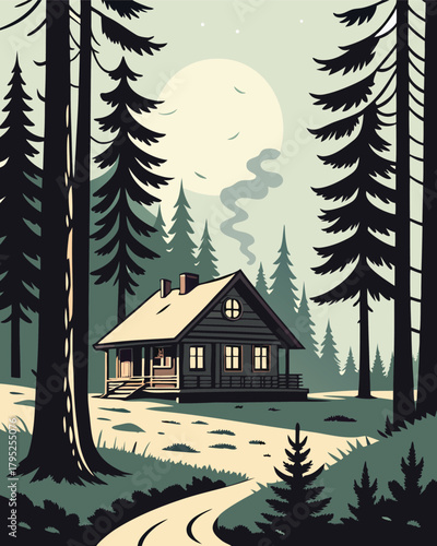 Cabin in forest with moonlit sky