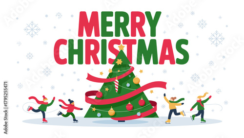 Festive Joy: A visual celebration of Christmas spirit with the words MERRY CHRISTMAS displayed above a decorated Christmas tree, encircled by happy figures.