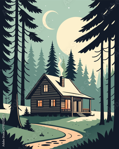 Cozy cabin in forest under moonlit sky