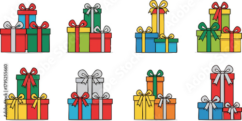 A flat lay of colorful Christmas gifts with bows on a clean white background, featuring a collection of presents in red, green, blue, and yellow hues.