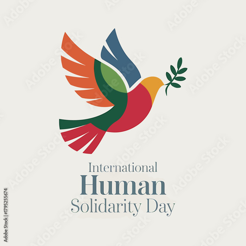 Colorful dove carrying a green branch in its beak, symbolizing peace and international human solidarity day