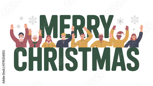 Merry Christmas Greeting: A vibrant illustration showcasing the spirit of togetherness, a diverse group of individuals stands united, raising their arms in joyful celebration of the Christmas holiday.