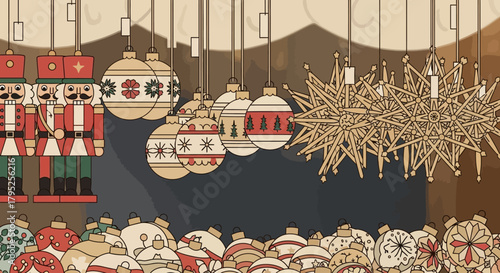 A charming flat design illustration featuring an assortment of traditional German Christmas ornaments, from nutcrackers to glass baubles, found at the Nuremberg Christkindlesmarkt. 
