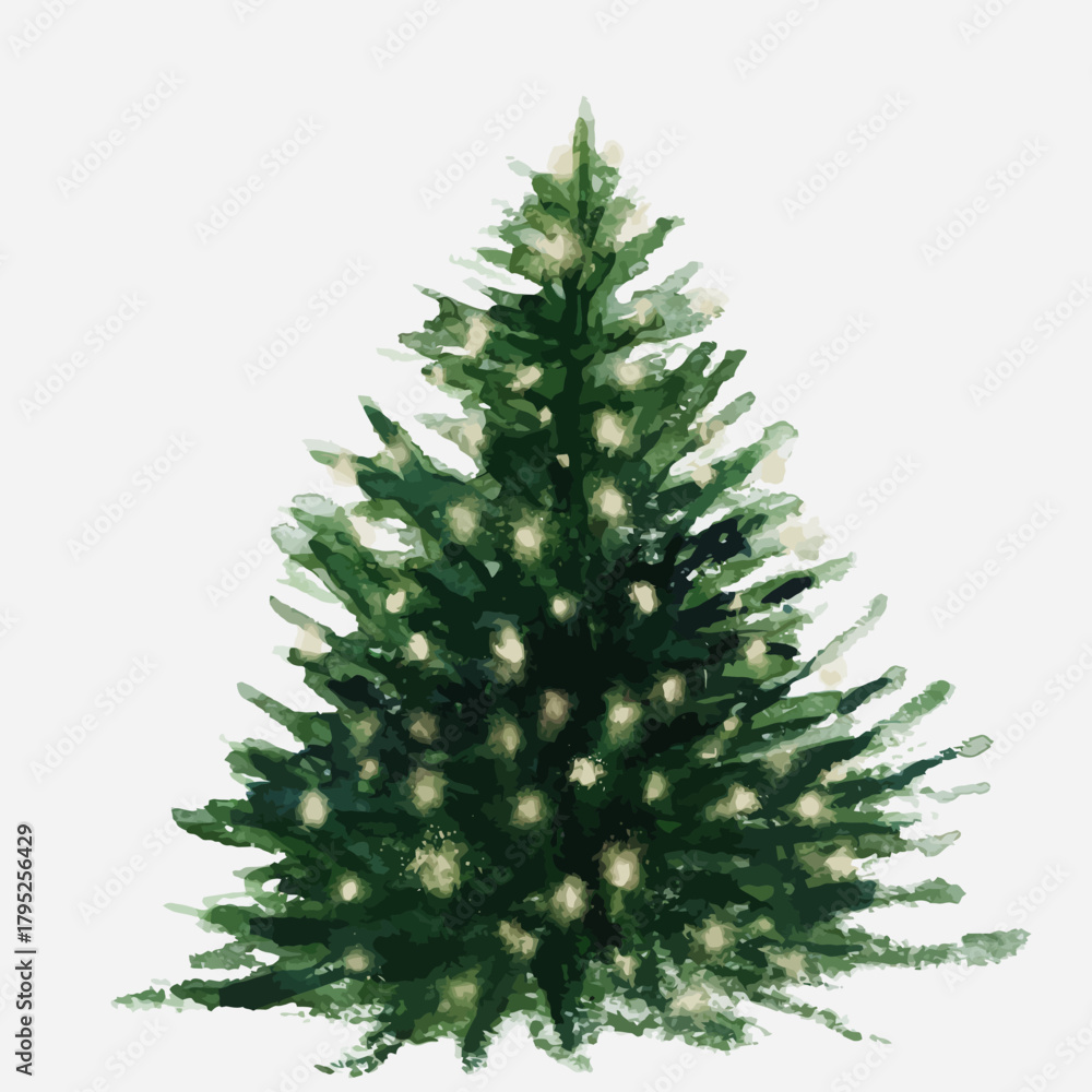 Fototapeta premium A beautifully decorated evergreen christmas tree with white lights against a clean white background