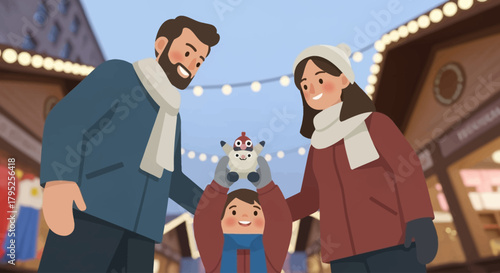 A heartwarming flat design illustration depicting a happy family enjoying the festive atmosphere of the Nuremberg Christkindlesmarkt. This clean, modern graphic emphasizes family bonding and holiday.