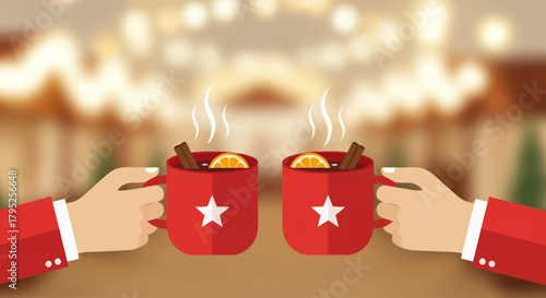 This flat design illustration captures the cozy warmth of the Nuremberg Christkindlesmarkt, depicting hands holding steaming mugs of Glühwein. It's a clean, modern graphic representing festive German 