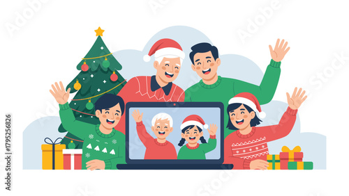 Virtual Festive Family Reunion: a heartwarming scene of a family enjoying a video call during the holiday season. The image captures the joy and connection shared across distances.