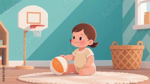 Illustration Of A Small Child Playing Basketball In A Room Vector Design Template