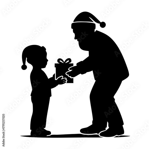 Sharing the Gift: A heartwarming silhouette captures a moment of giving as an adult and a child exchange a wrapped gift, embodying the spirit of generosity.