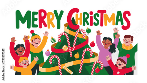 Festive Cheer & Merry Christmas: A lively gathering of diverse individuals radiates holiday spirit. Joyful individuals surround a beautifully adorned tree.