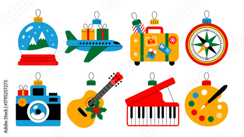 Diverse Ornament Delights: A collection of captivating ornaments, each representing various aspects of travel, arts, and hobbies, creates a visual feast, inspiring wanderlust and creativity.