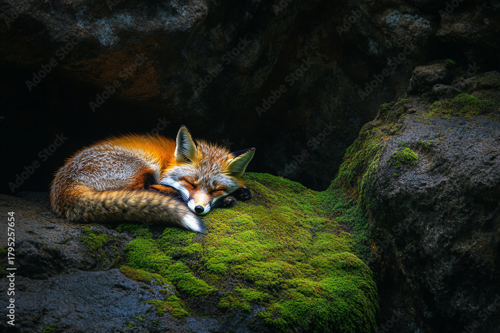 Obraz premium Generative AI image of a peaceful red fox sleeping in the summer forest with a delicate butterfly resting on its head in warm natural light