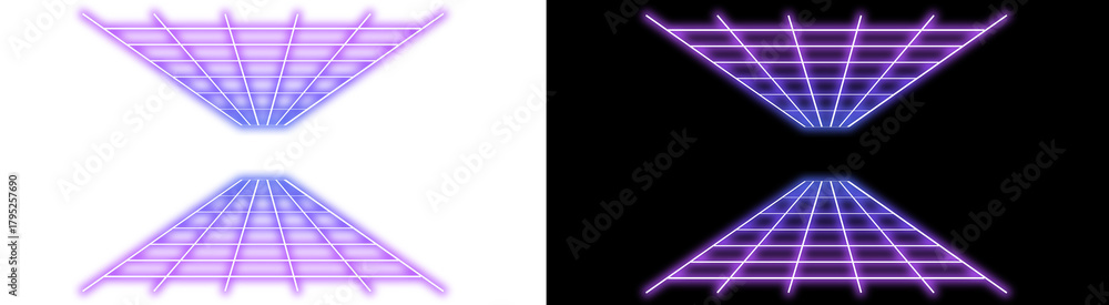 Fototapeta premium PNG image of Futuristic neon grid background with purple and blue hues evokes a retro 80s aesthetic perfect for graphic design projects and digital art creation or website design on transparent bg