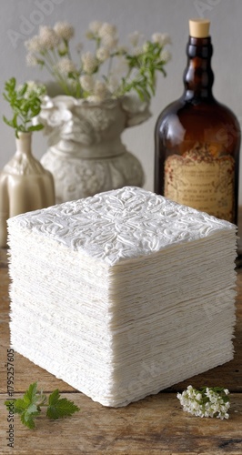 Stack of embossed white paper napkins rests on a rustic wooden surface.
