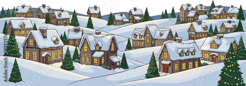 Digital illustration of a snowy village with Christmas trees and houses in a serene winter landscape with a cup of chocolate on a background with a deer and santa gift.