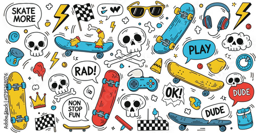Illustration of skateboarding themed doodle illustration featuring skulls, skateboards, and various related elements, creating a vibrant and playful design