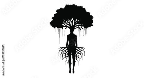 Silhouette of a person with a tree for a head and roots for legs, symbolizing nature and human connection.