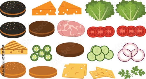 Vector Illustration Set of Burger and Sandwich Ingredients: Featuring Buns, Beef Patties, Ham, Cheese, Lettuce, Tomato, Onion, and Jalapeños, Ideal for Fast Food and Cooking Designs