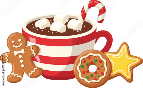 A festive holiday still life with a cup of hot chocolate, marshmallows, candy cane, gingerbread man, donut, and star cookie on a clean white background, evoking a joyful Christmas mood.