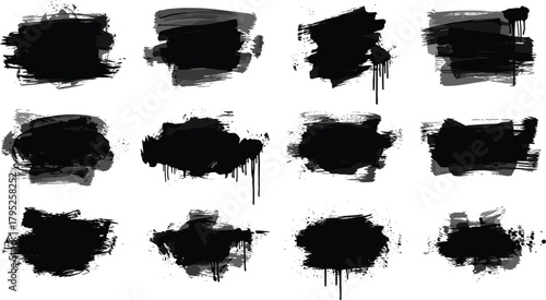 Illustration of collection of twelve black brush strokes, offering a versatile design element for artistic projects and creative endeavorsbrush, stroke, black, paint, texture, art, abstract, design, e