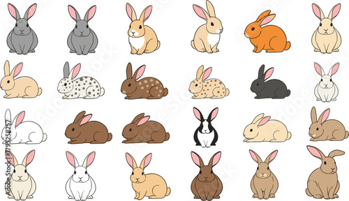 Large Vector Collection of Rabbits and Bunnies: Diverse Set of Cartoon Characters in Various Poses, Featuring Spotted, Speckled, and Solid Coat Colors for Pet and Easter Designs