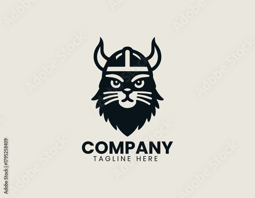 Viking cat holds strong stance wearing helmet in bold heroic logo design